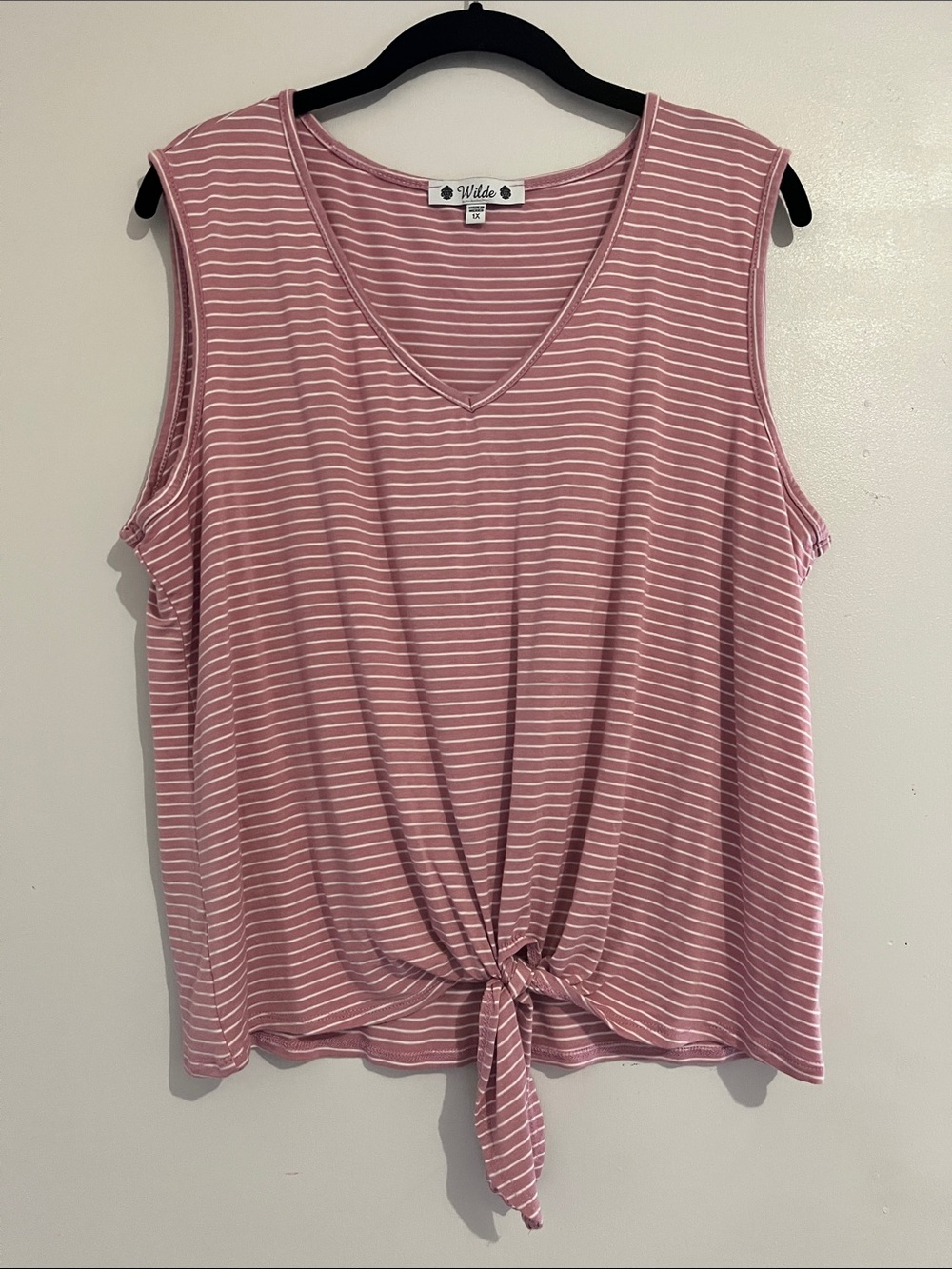 Pink Striped Tie-Front V-Neck Tank Top 1X stretch women’s pullover wilde